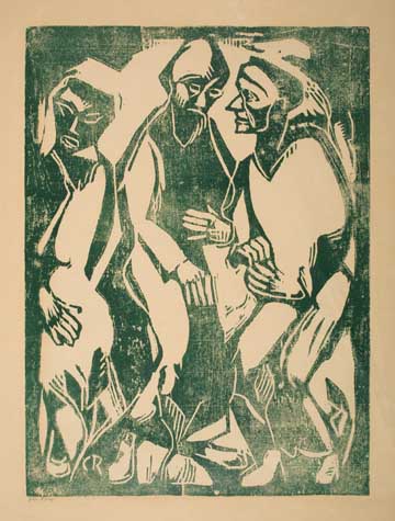 Appraisal: CHRISTIAN ROHLFS Beratung Drei M nner im Gesprach Woodcut printed