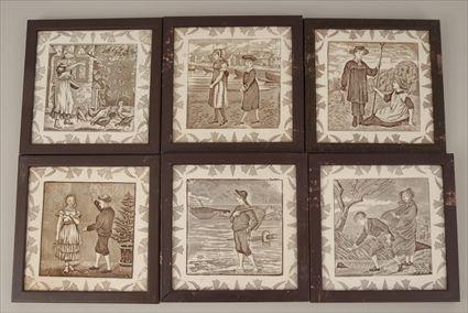 Appraisal: Twelve English Brown Transfer-Printed Ceramic Tiles Decorated with Scenes Depicting