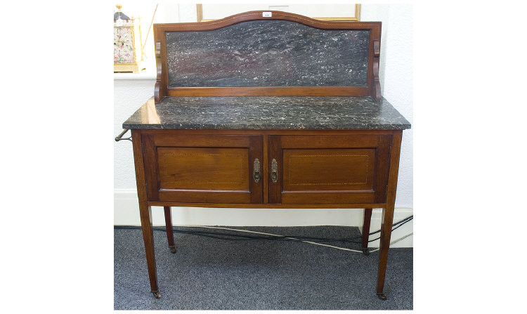 Appraisal: Edwardian Mahogany Inlaid Wash Stand Green Marble Top And Back