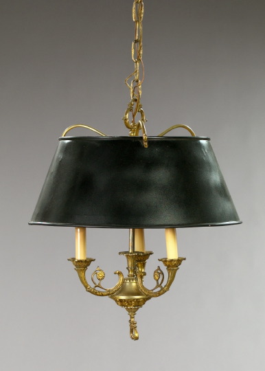 Appraisal: Pair of French Antiqued Brass and Tole-Peinte Hanging Three-Light Bouillotte