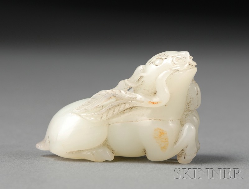 Appraisal: Jade Carving gray-white stone carved as a reclining deer with