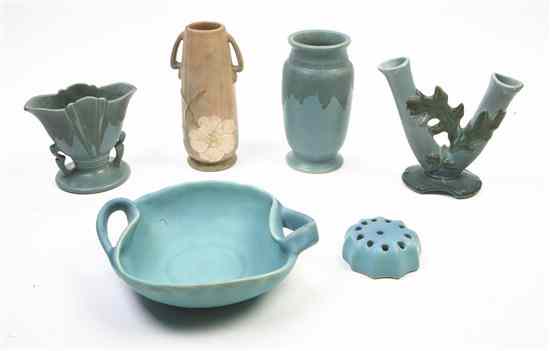 Appraisal: Six American Pottery Articles comprising three Roseville vases including two