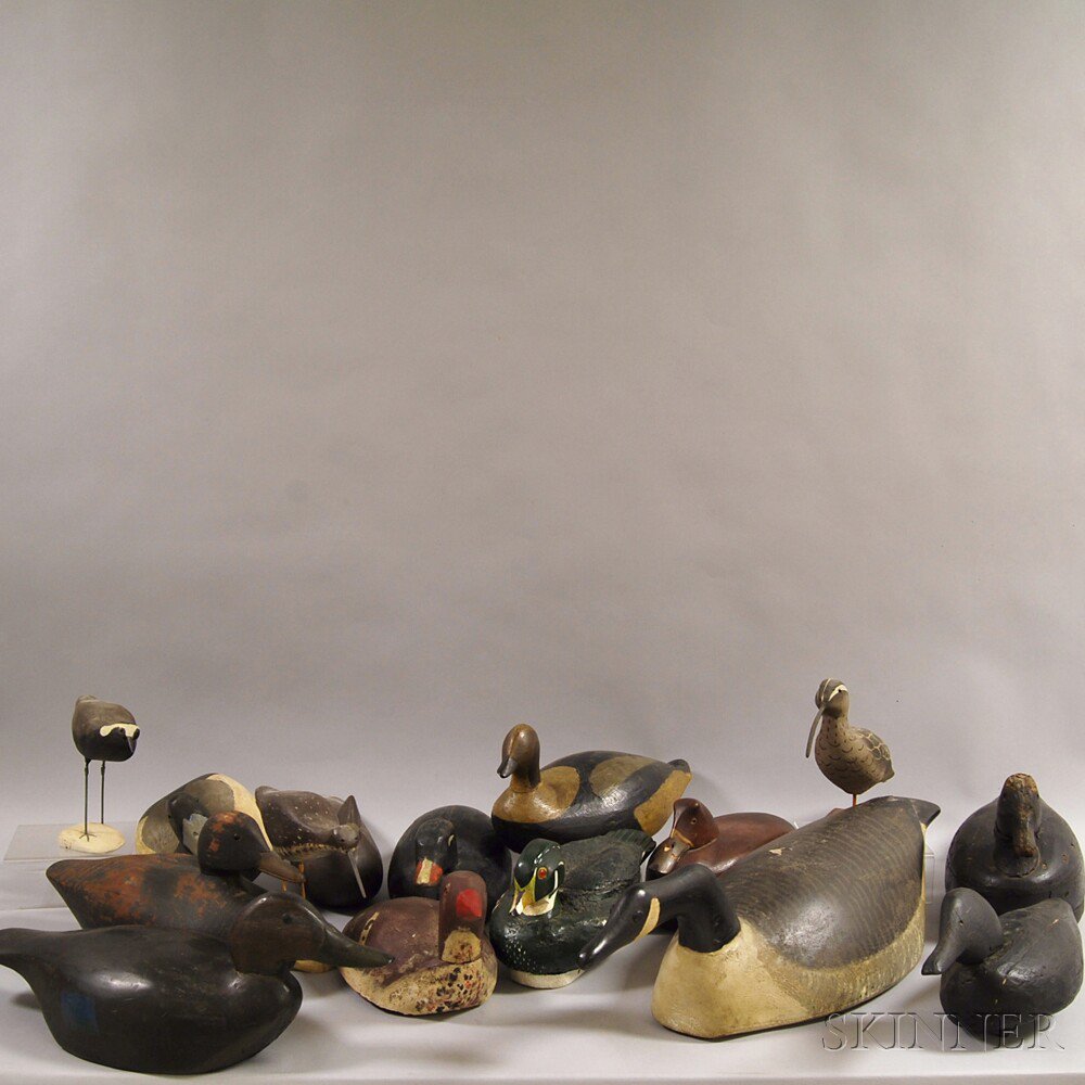 Appraisal: Fifteen Carved and Painted Decoys depicting assorted ducks shorebirds and