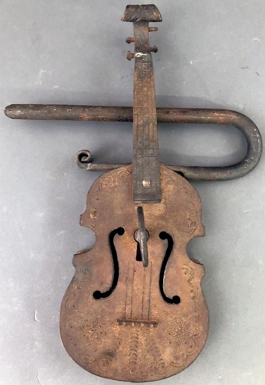 Appraisal: Iron Fiddle Lock and Key Unusual iron fiddle lock and