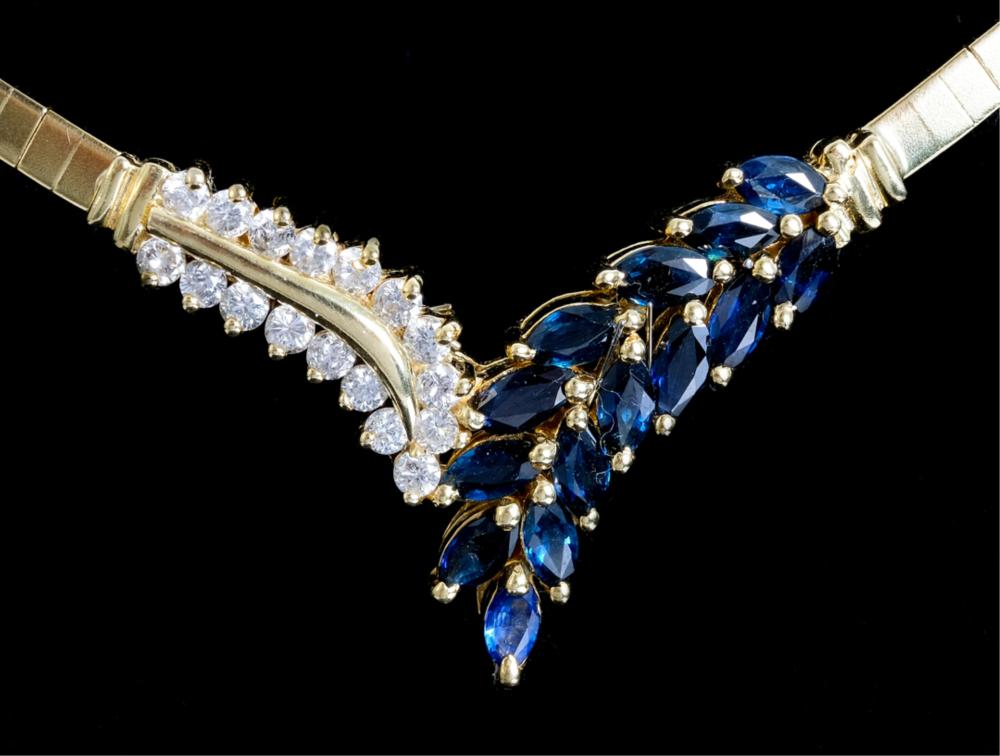 Appraisal: K YELLOW GOLD SAPPHIRE DIAMOND NECKLACE k yellow gold V-shaped