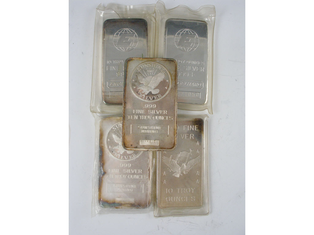 Appraisal: Five Troy Ounce Silver Bars two marked ENGELHARD two marked