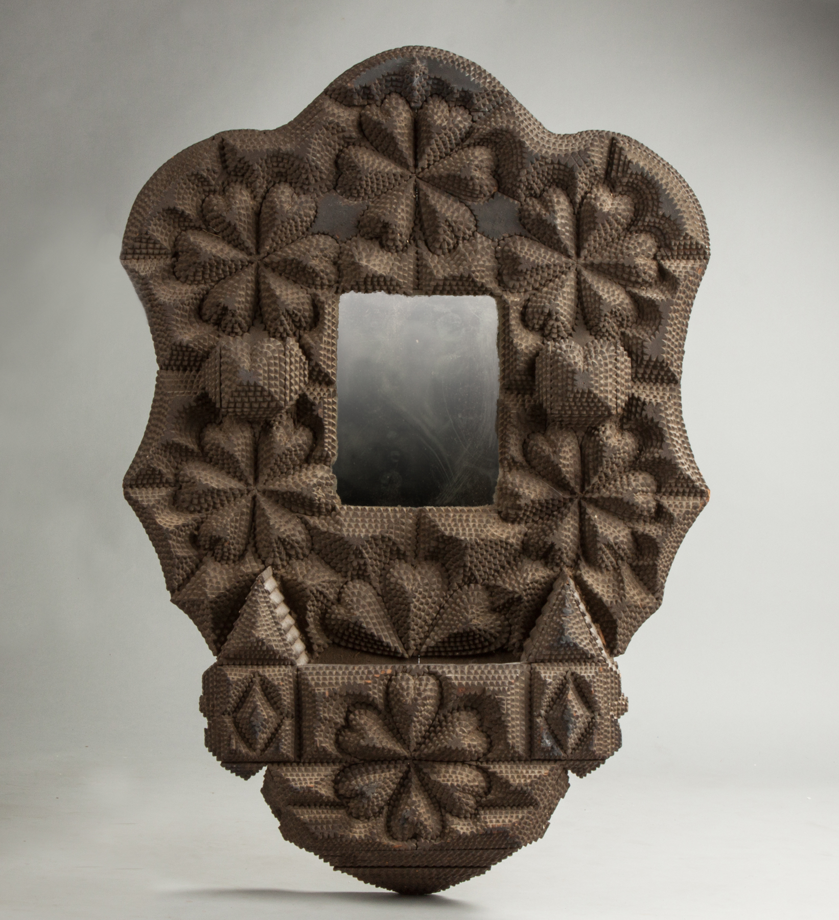 Appraisal: Carved Tramp Art Wall Mirror Box th cent Heart shaped