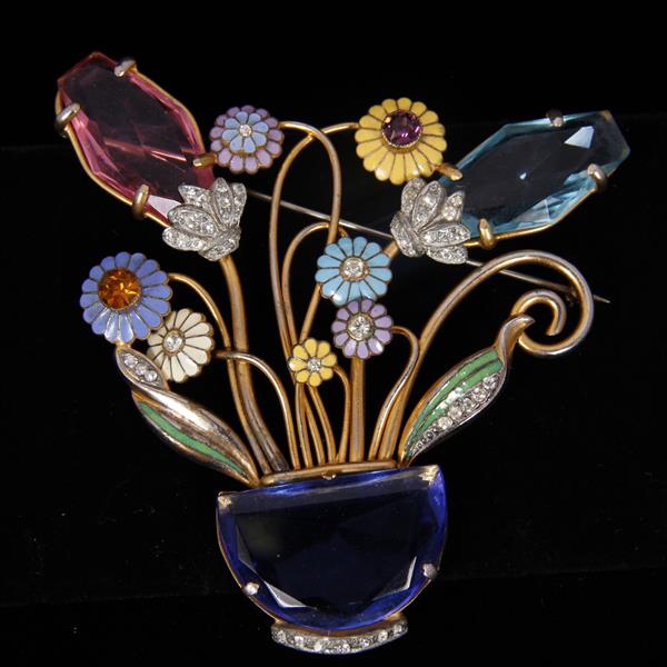 Appraisal: Eisenberg Jeweled Floral Arrangement in Vase Brooch Pin with larg