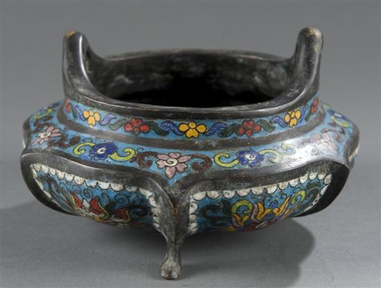 Appraisal: Chinese bronze cloisonne tripod censer Having a compressed squat form