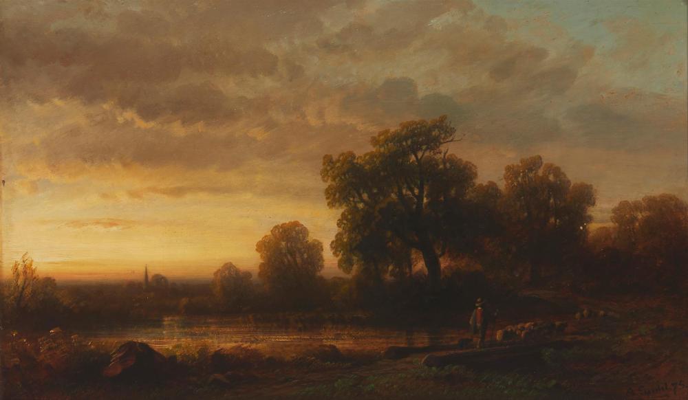 Appraisal: August Seidel - German A shepherd with flock at twilight