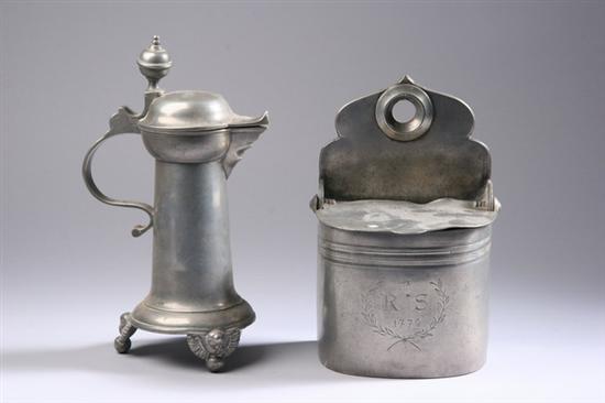 Appraisal: ENGLISH PEWTER SALT BOX AND CONTINENTAL PEWTER TANKARD Hanging salt