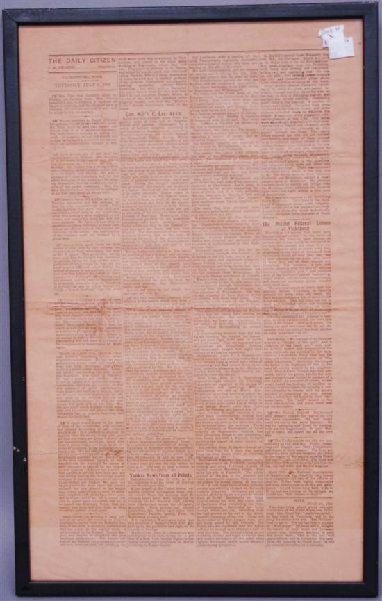 Appraisal: FRAMED CIVIL WAR NEWSPAPER Property from the home of Westport