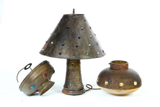 Appraisal: THREE LAMP SHADES American th century Copper with inset glass