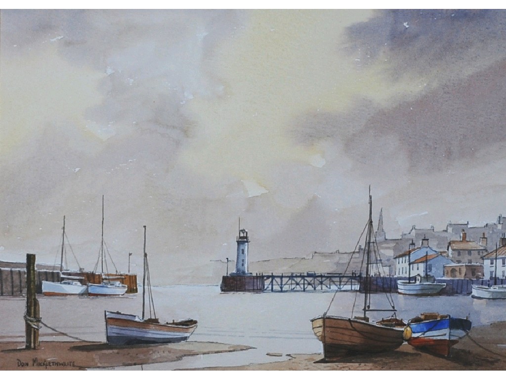 Appraisal: DONALD MICKLETHWAITE b WATERCOLOUR A PAIR Harbour scenes with moored