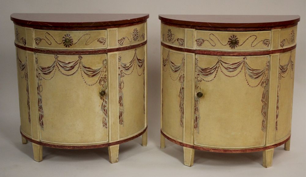 Appraisal: Neoclassical Paint Decorated Demi-Lune Cabinets Pair of side cabinets swag