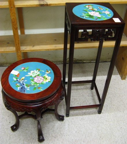 Appraisal: TWO CHINESE ROSEWOOD TABLES WITH CLOISONNE DISK TOPS The lot