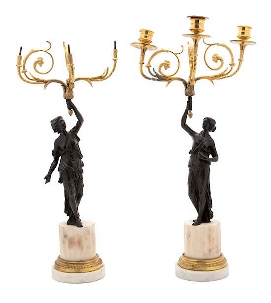 Appraisal: A Pair of Neoclassical Style Patinated and Gilt Bronze Three-Light