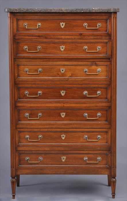 Appraisal: LOUIS XVI-STYLE MAHOGANY SEMAINIER The mottled marble top above a