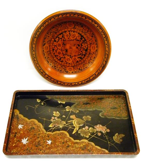 Appraisal: Asian tray and bowl lacquered tray central field depicting bird