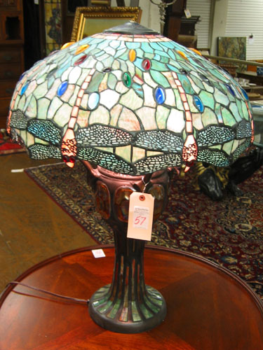 Appraisal: DRAGONFLY AND BRONZE TURTLEBACK TABLE LAMP handcrafted in the manner