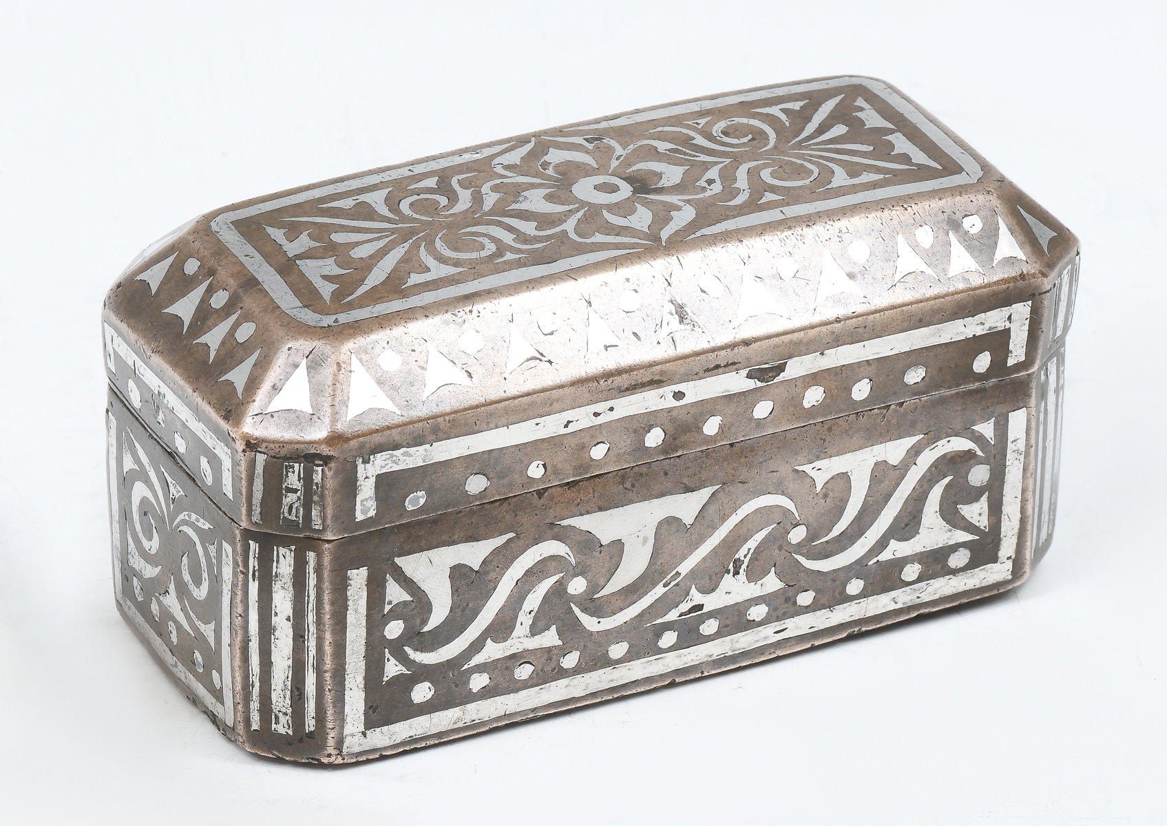 Appraisal: SILVER INLAID JAPANESE BETEL NUT BOX Bronze Japanese Betel nut