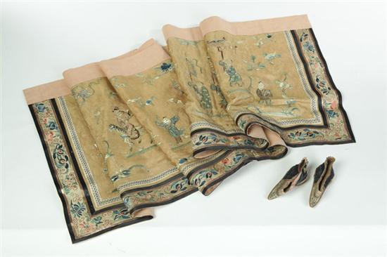 Appraisal: CHINESE EMBROIDERED PANEL AND CHILD'S SHOES China early th century