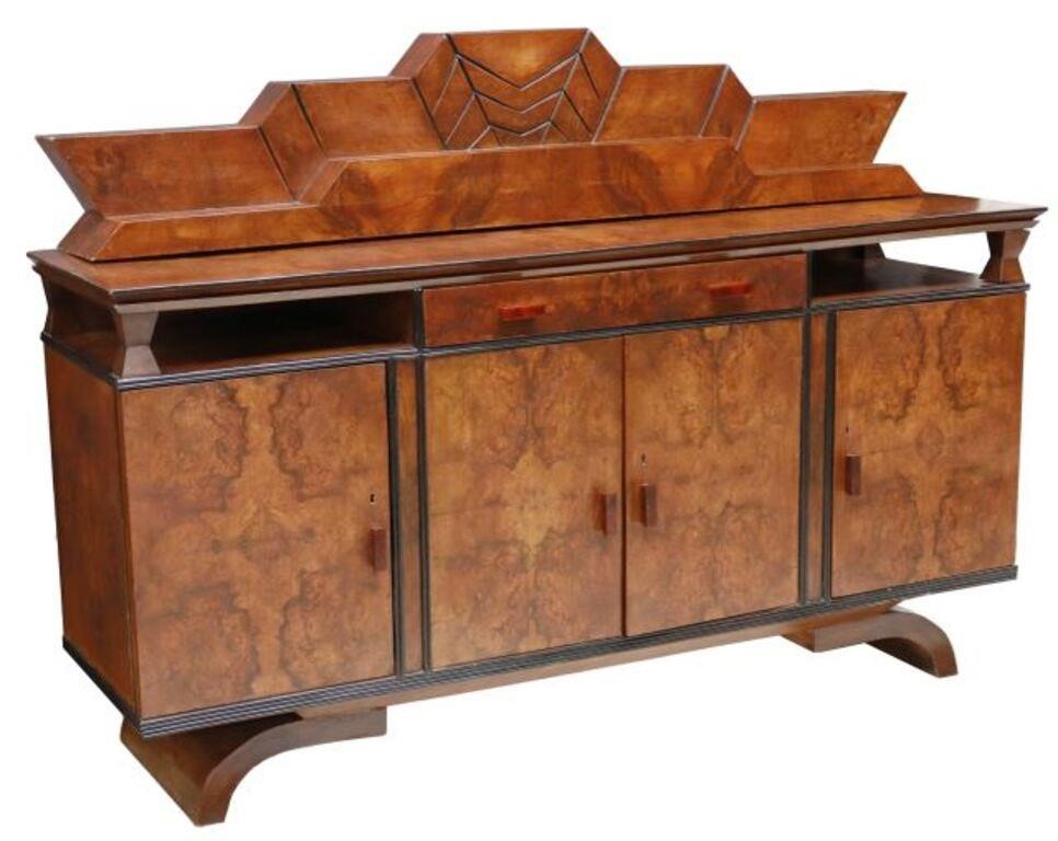 Appraisal: Italian Art Deco burled walnut sideboard c s sculptural crest