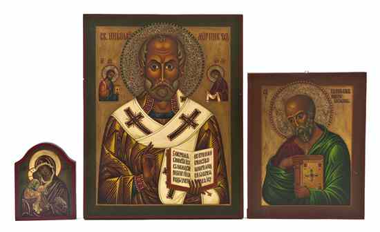 Appraisal: Three Byzantine Style Painted and Parcel Gilt Icons each painted