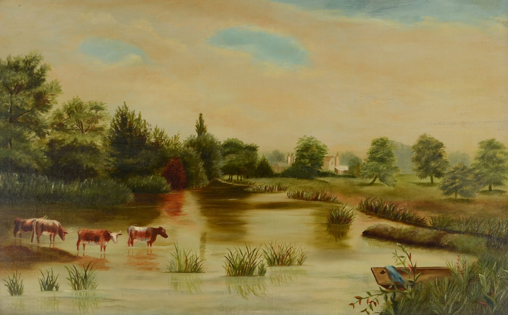 Appraisal: NAIVE TH C LANDSCAPE PAINTING WITH COWS Oil Canvas ''