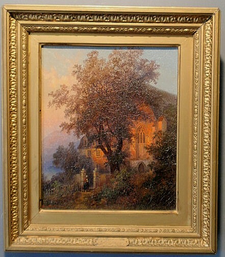 Appraisal: Oil on canvas painting of a hillside abbey at sunset