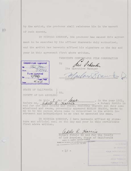 Appraisal: MARLON BRANDO Contract signed by Brando for films following Viva