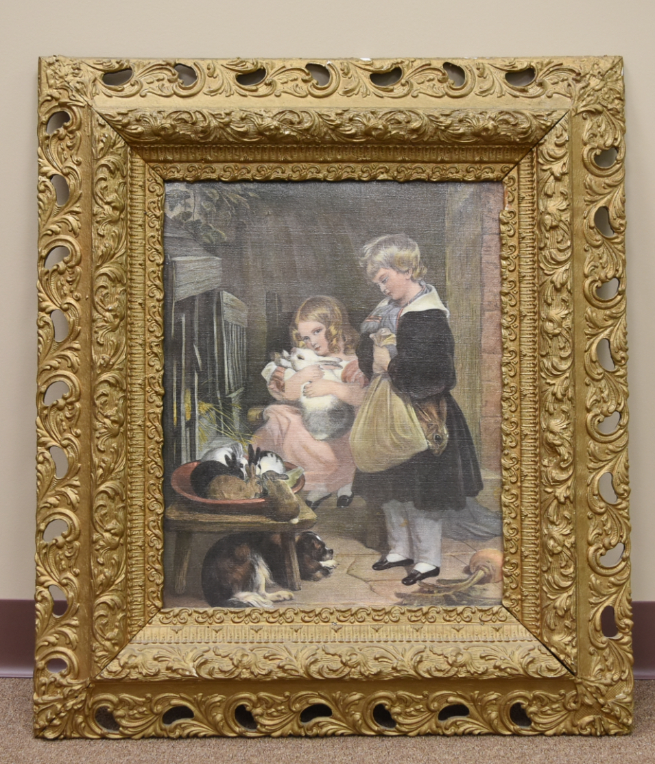 Appraisal: GENRE PAINTED PRINT OF TWO SISTERS WITH PETS Genre Art