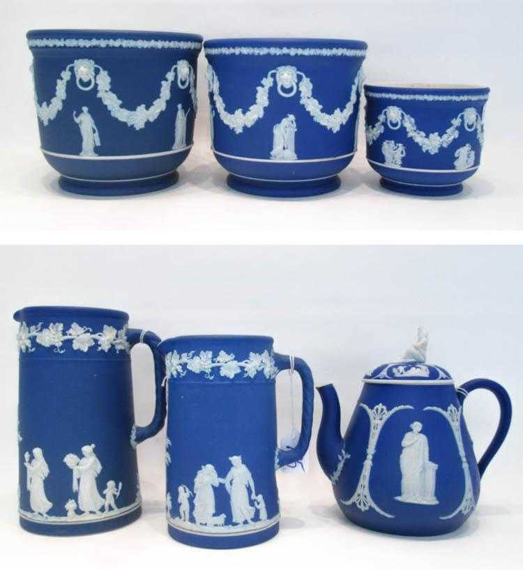 Appraisal: SIX WEDGEWOOD JASPERWARE VESSELS with white raised classical figures comprised