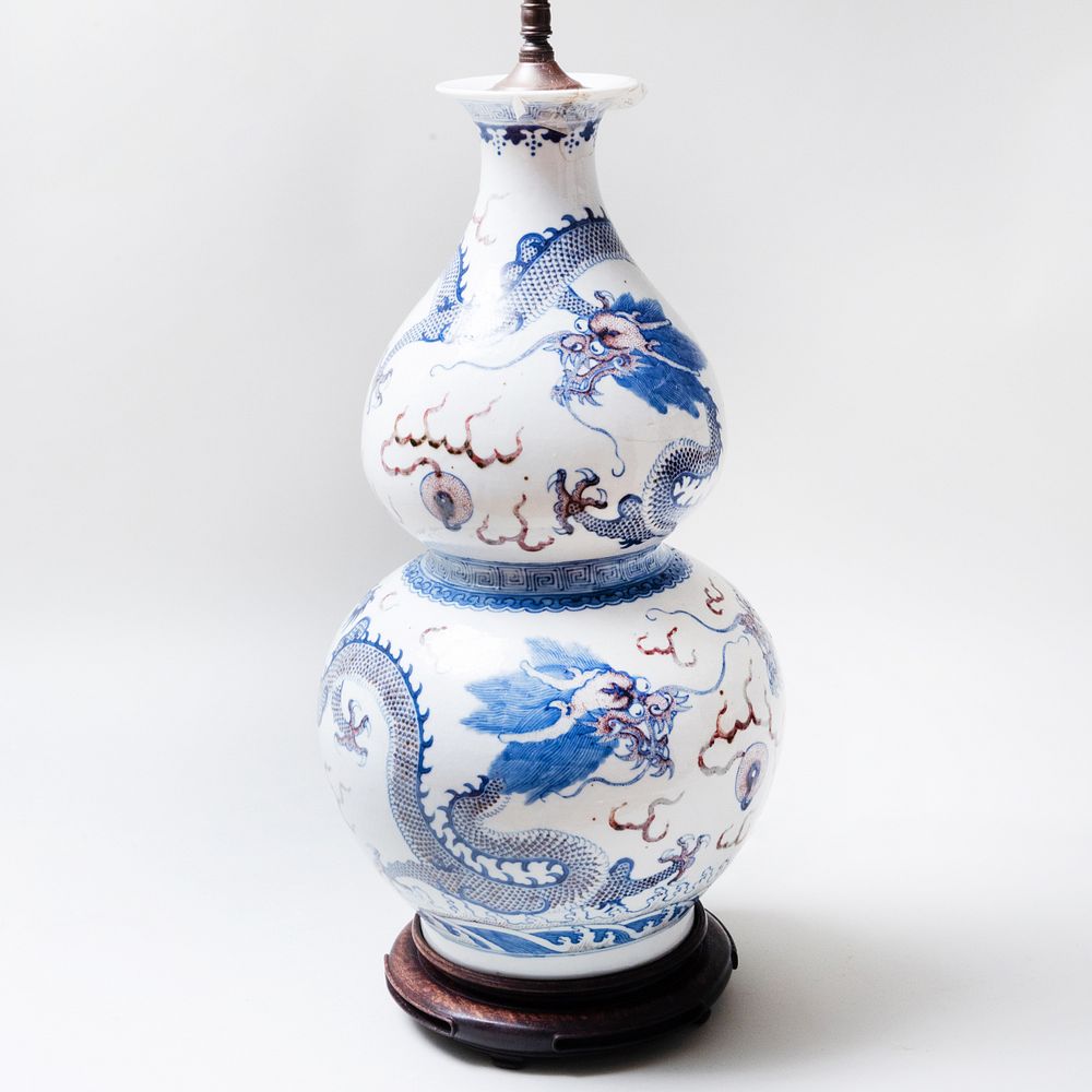 Appraisal: Chinese Double-Gourd Underglaze Red and Blue-Decorated Porcelain Vase Mounted as