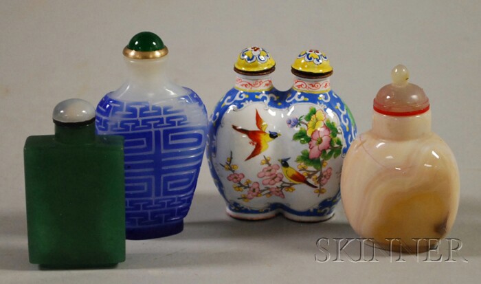 Appraisal: Four Asian Snuff Bottles including enameled hardstone and glass