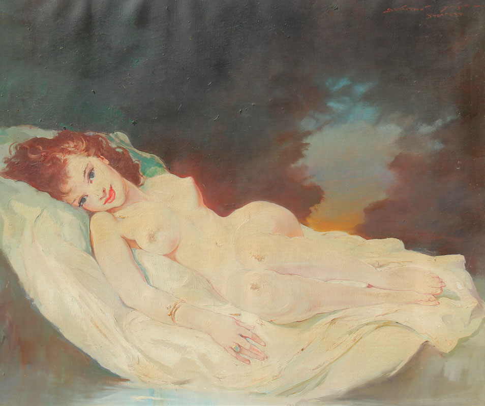 Appraisal: SZANTHO Maria Hungarian - Reclining Red-Headed Nude Beauty Oil Canvas