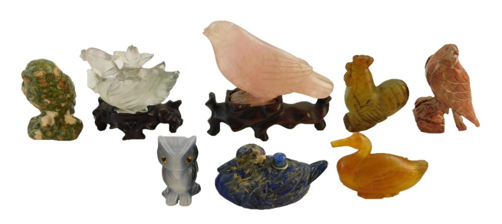 Appraisal: Carved hardstone birds eight pieces including lapis duck l blue