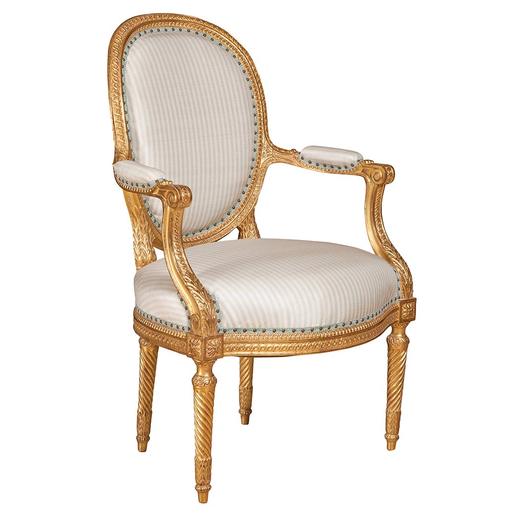 Appraisal: Louis XVI Style Giltwood Fauteuil en Cabriolet The padded oval