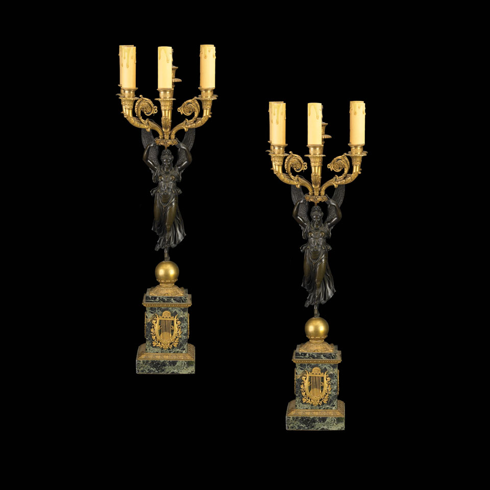 Appraisal: Pair of French Gilt and Patinated Bronze and Marble Five-Light