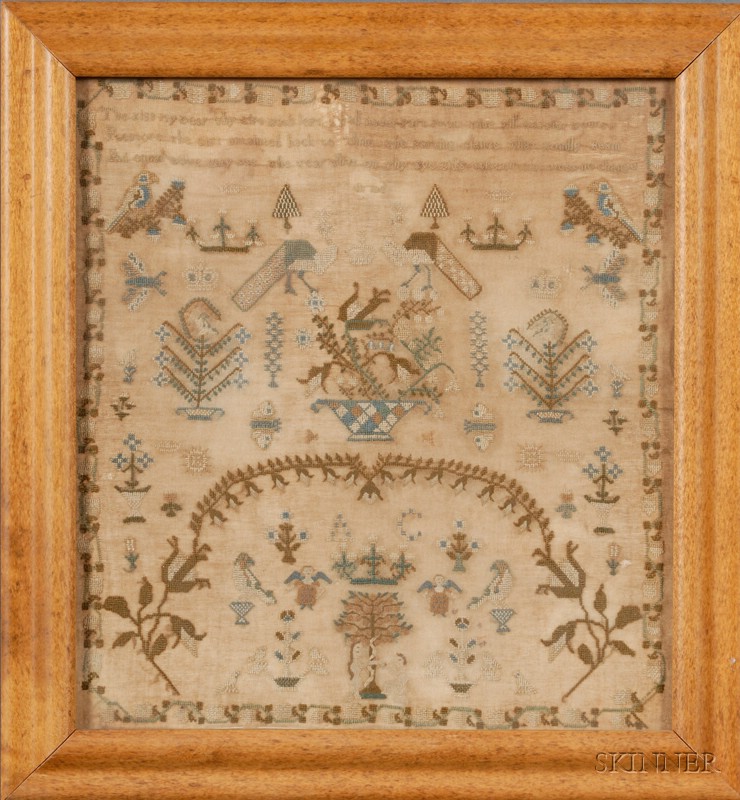 Appraisal: Framed English Needlework Sampler c done in tiny stitches with