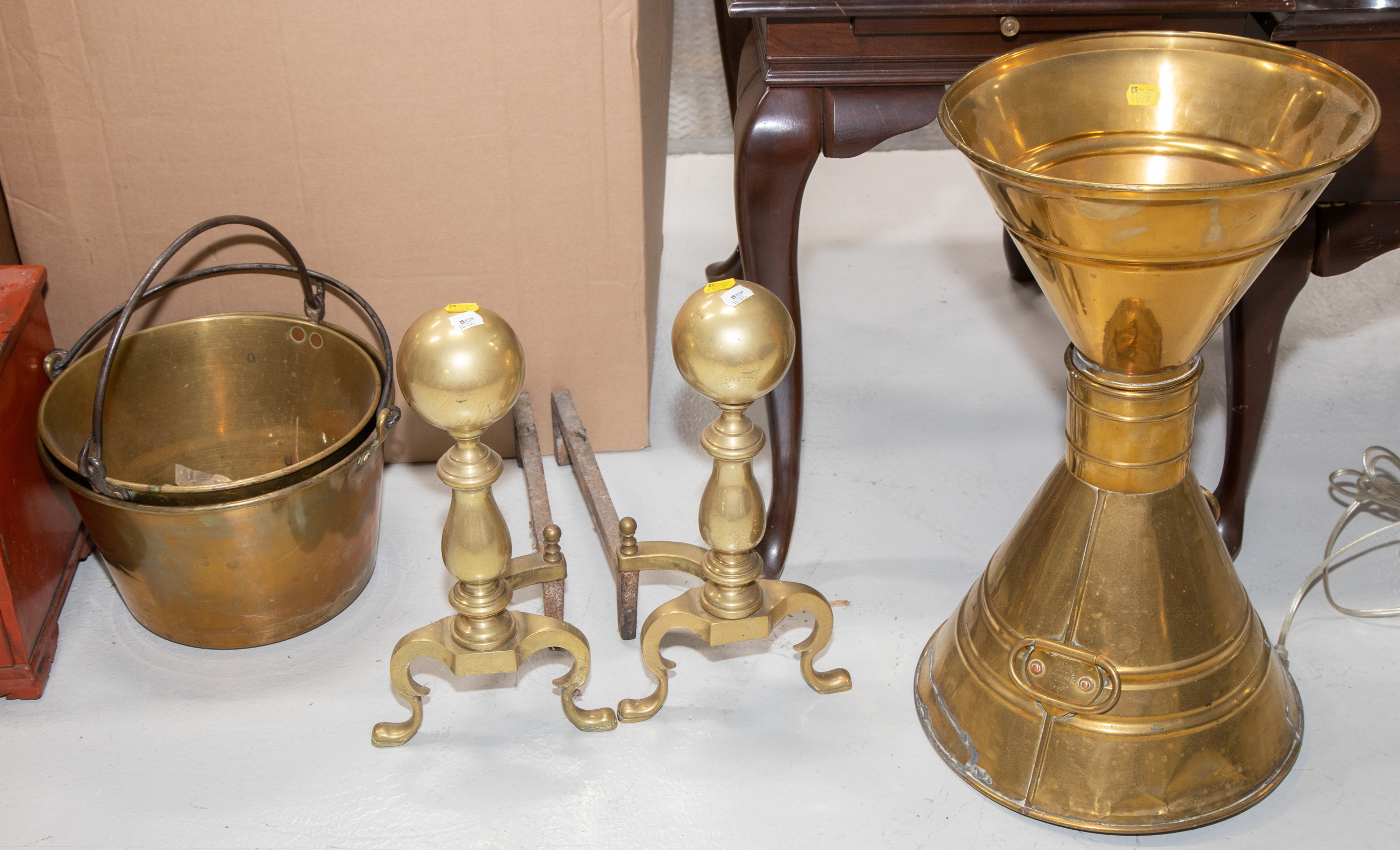 Appraisal: A PAIR OF BRASS ANDIRONS OTHER BRASS ITEMS Includes brass