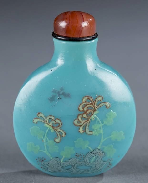 Appraisal: Blue glass Chinese snuff bottle enamel decoration A Chinese blue