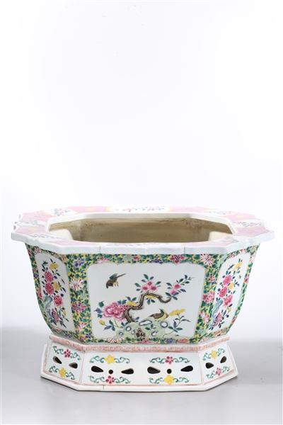 Appraisal: Chinese enameled porcelain octagonal planter with floral and bird decoration