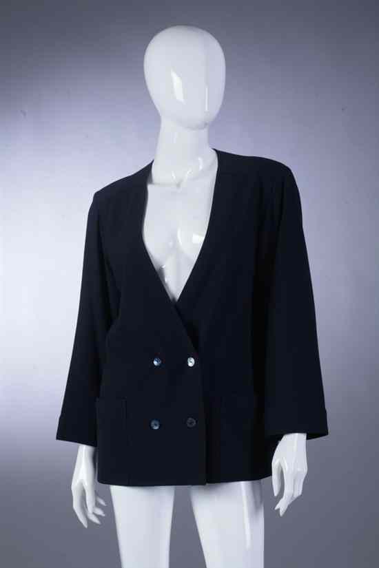 Appraisal: CHANEL NAVY WOOL CREPE JACKET Double-breasted with mother-of-pearl Chanel buttons