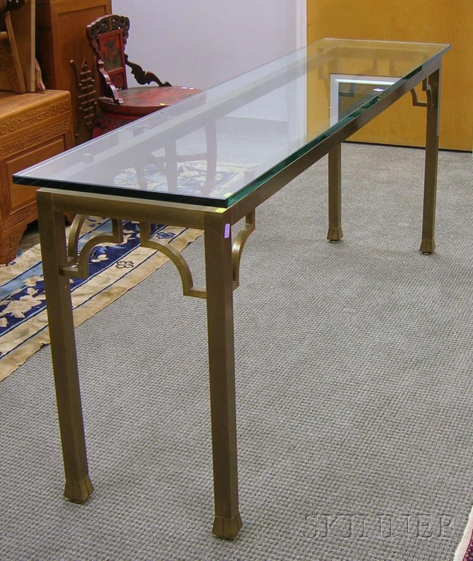 Appraisal: Contemporary Glass-top Brass Console Table approx ht lg wd in