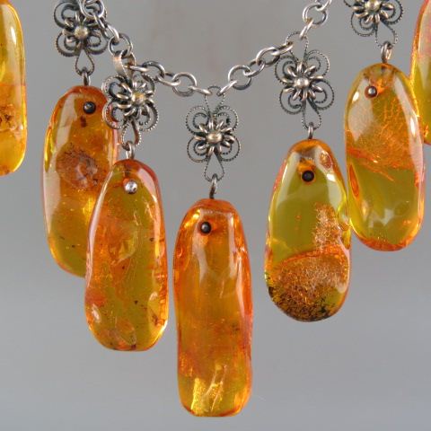 Appraisal: Amber Sterling Silver Necklace graduated dangles long