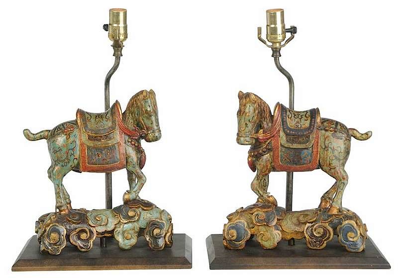 Appraisal: Pair Carved Polychrome Figural Horse Lamps th century each wooden