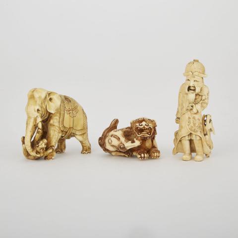 Appraisal: Two Carved Ivory Netsuke and a Carved Ivory Elephant Meiji