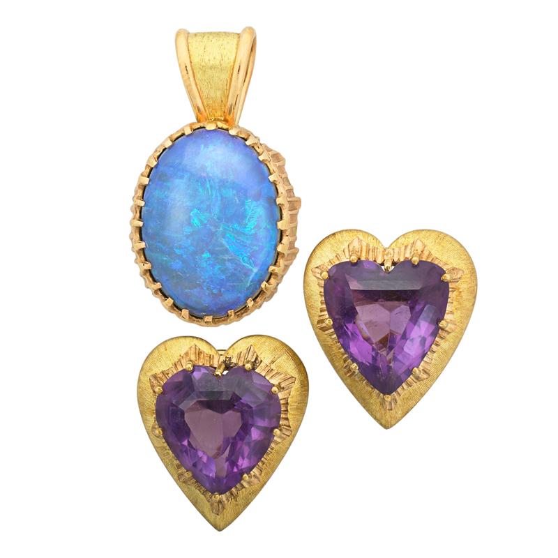 Appraisal: BORIS LEBEAU TEXTURED GOLD GEMSTONE JEWELRY Three pieces Oval opal