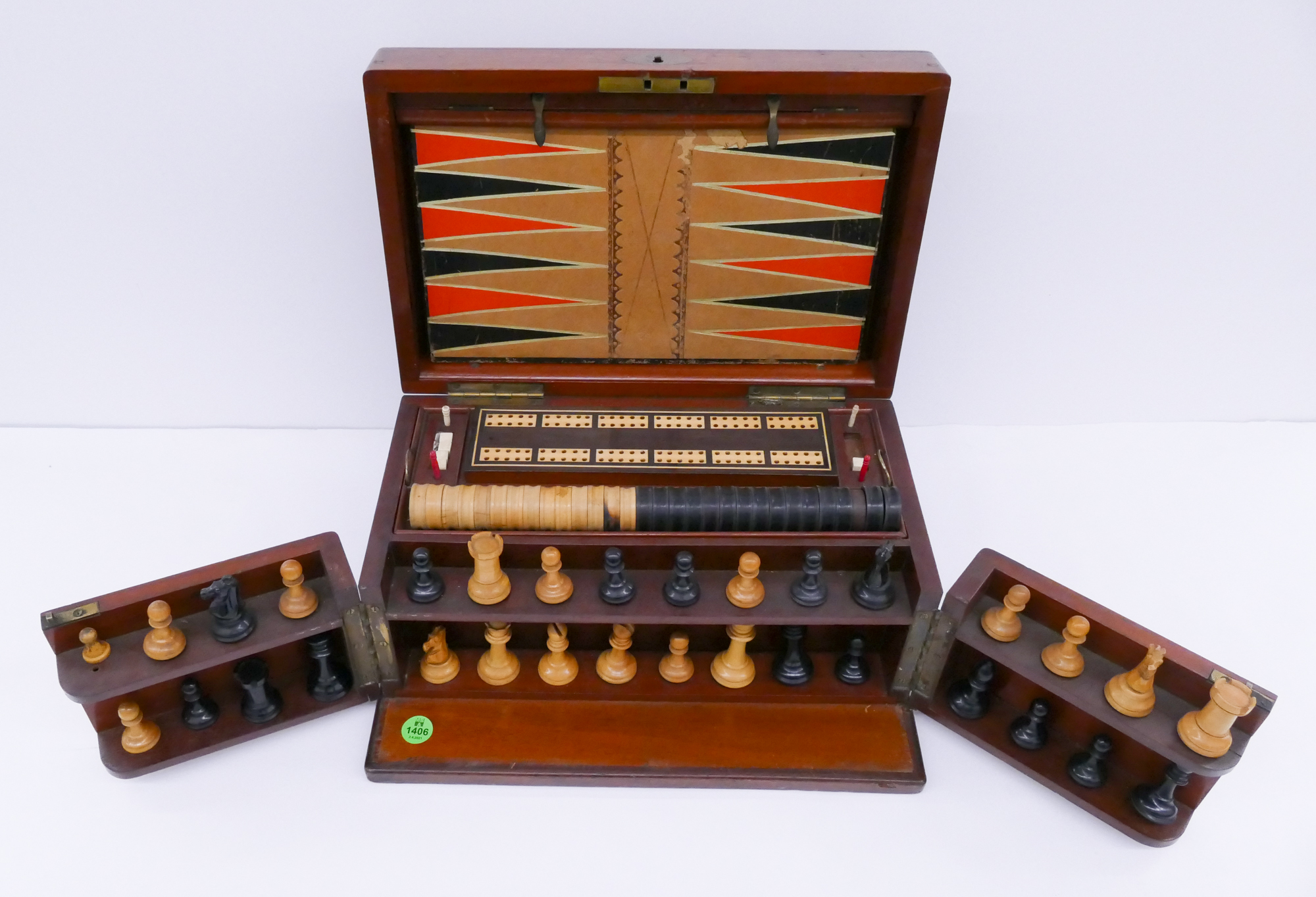 Appraisal: Antique English Gaming Set in Case- Chess Checkers Backgammon Cards